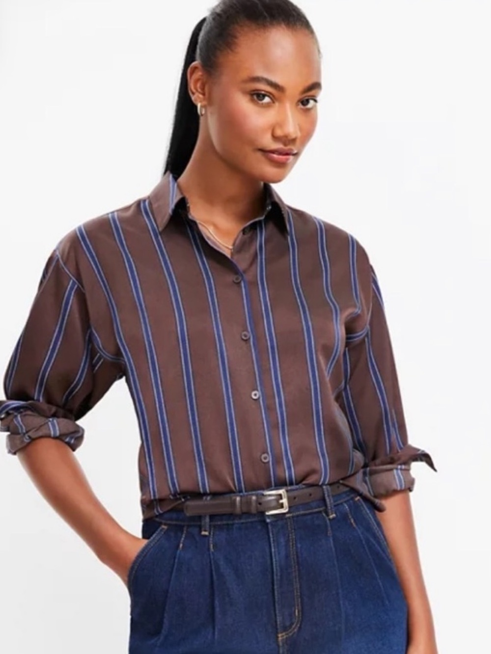 LOFT Brown & Blue Stripe Silky Button-Up Small Shirt